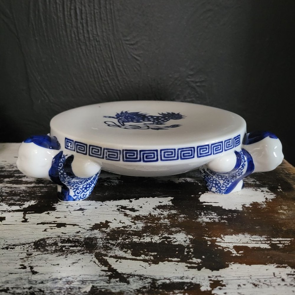Vtg Takahashi Foo Dog Plant Stand, Fish Bowl Stand, Blue and White Asian Decor